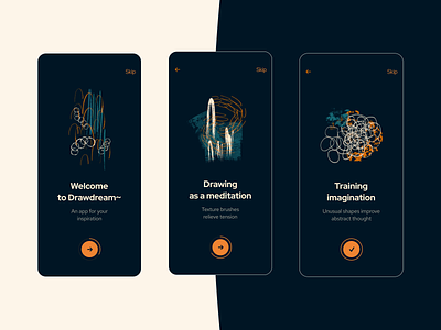 oh, Drawdream – mobile app onboarding abstract abstract art brushes graphic hellodribbble illustration imagination inspiration inspire mobile mobile app mobile app design mobile ui onboard onboarding onboarding app sketch ui