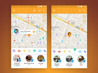 Location based businesses and discounts location map shoping social travel ui