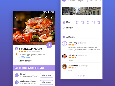 Local restaurant & available coupons location map shoping social travel ui