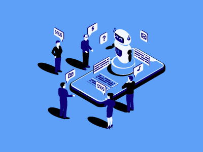 Chatbot flat isometric vector illustration assistance chat chat bot chat box chat bubble chatbot chatting client conversation customer help infographic message notification request robot smartbot smartphone speech bubble technology