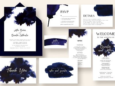 Chic Indigo Ink Wedding Suite card card template chic elegant indigo ink invitation invitation card invitation set invitation template modern simple stylish template watercolor wedding wedding invitation wedding invitations wedding suite wedding template