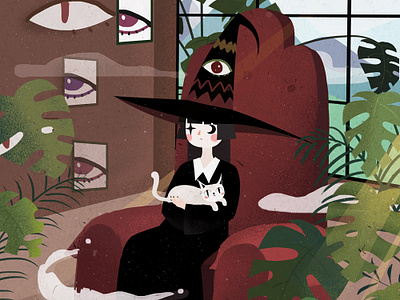 Witch on the couch cat girl illustration magical