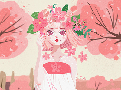 Cherry blossoms girl illustration