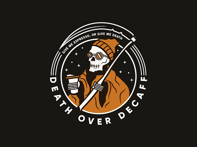 DEATH OVER DECAFF LOGO DESIGN business logo coffee coffee cup coffee logo cool design death decaf espresso grim reaper hipster logo logo artist logo design logo design concept logo designer logos modern logo professional logo skull skull logo