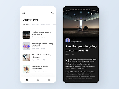 Area 51 - News app concept app application arounda article blog concept design figma gallery interface ios minimalism mobile news news feed post sketch typography ui ux