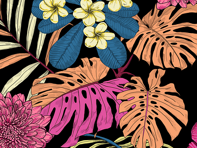 Tropical Floral black colorful fashion illustration living coral pattern pattern designer photoshop repeating pattern summer surface design textile design tropical floral yellow