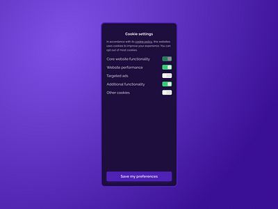 Settings | Daily UI #007 007 choices compliance cookie settings cookies daily ui 007 dailyui dailyui 007 dailyui007 design figma interface mobile preferences privacy settings settings page ui ux website