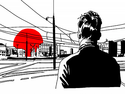 Sunset black and white comic comic art drawing ink illustration illustration design lines red sun