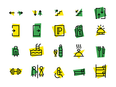 Hotel Pictograms design green hotel hotel logo minimalistic pictogram pictograph signs yellow