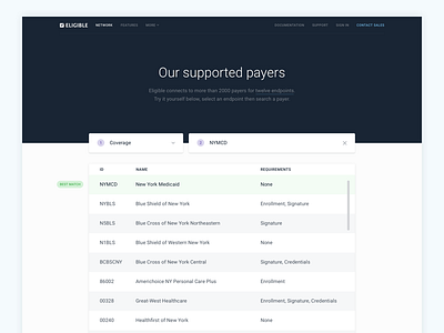 Eligible's Network api healthcare network scroll search steps table ui user interface web website