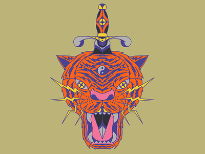 Tygr 🐅🗡 bolt dagger guadalajara illustration mexico neo traditional neon orange stars tattoo thunder tiger tigre traditional