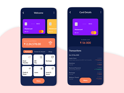 Banking app UI concept account app app design automobile bank bill credit card design figma finance insure invest loans mastercard money app recharge savings shop transaction typography