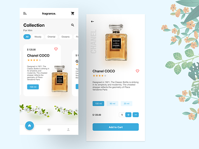 Fragrance Store - Perfume Mobile App app cards cart clean ui collection concept ecommerce flower fragrance fresh ui minimal mobile app mobile app design mobile ui perfume shope sketch store trending