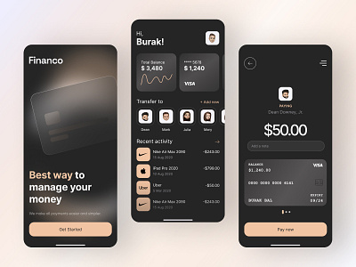 Financo App Design app bank banking app dark finance fintech mobile ui ux