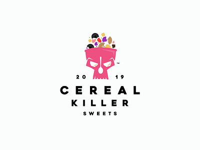 CEREAL KILLER SWEETS bowl bowl logo brand branding design icon logo mark negative space pink logo skull skull logo spoon spoon logo