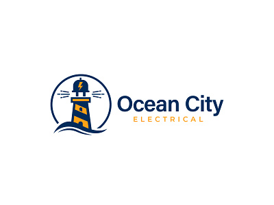 Ocean City Electrical Logo mockup blue brand identity branding business electrical lighthouse logo minimalist nautical original idea power vector yellow