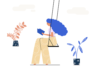 Reading Girl blue book clouds flowerpot girl homeplant illustraion illustrator leaves orange pink plants read reading swing