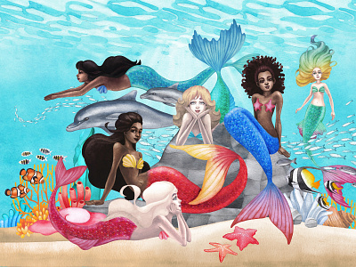 Watercolor collection of mermaids