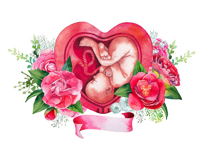 Watercolor embryo in a heart-shaped womb. art baby child design ekaterina glazkova embryo fetus heart illustration kid love mother parent parenthood pregnancy pregnant watercolor watercolor painting watercolour womb