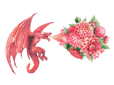 Watercolor flower dragon. animal art creature design dragon ekaterina glazkova fairy tale fantasy fire floral flower illustration mistic pink watercolor watercolor painting watercolour