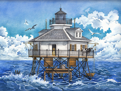 Watercolor Mobile Middle Bay Lighthouse. art bacon custom watercolor design ekaterina glazkova illustration lighthouse ocean sea watercolor watercolor painting watercolour waves