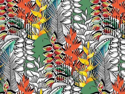 Abstract pattern of Heliconia leaves and flowers. abstract art design ekaterina glazkova floral flower graphic design heliconia illustration leaf plant repeated pattern seamless pattern vector graphic watercolor watercolor painting watercolour