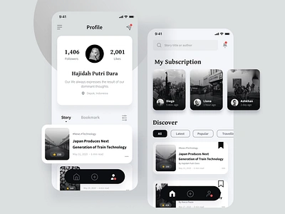 Story Writing App Concept app appconcept article black black white blackandwhite blacklivesmatter concept design gray medium minimal mobile mobile app mobile app design news profile timeline ui