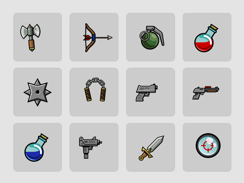 Weapons etc arrow avatar axe bow chat discord game game ui grenade gun mana message pistol potion rifle sniper sword twitch uzi weapons