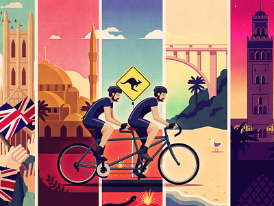 Around The World cycling cycling art poster tandem