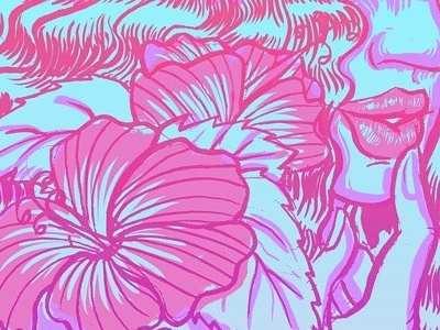 Miami neon screen print blue flowers hibiscus lips miami pink screenprint