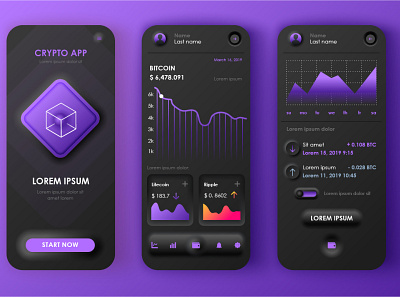 Neomorphic Mobile App UI Kit Blockchain app application bitcoin btc cryptocurrency gui interface kit mining mobile neomorphic neomorphism responsive screen skeuomorphic skeuomorphism ui user ux vector