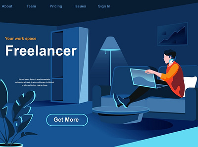 Freelance Isometric Landing Page Template 3d banner character concept flat freelance header illustration isometric isometry landing page people perspective scene ux vector web website website builder