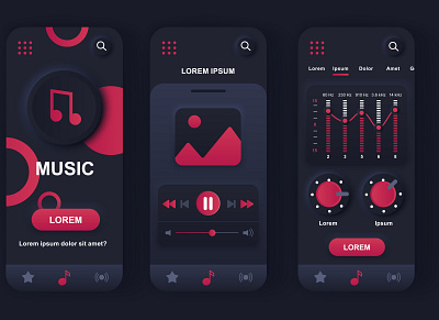 Neomorphic Mobile App UI Kit Music app application audio gui interface kit mobile mockup music neomorphic neomorphism neumorphic neumorphism player screen skeuomorphism ui user ux vector