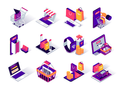 Commerce Isometric Icons 3d discount flat gradient illustration isometric isometry mobile mobile app payment perspective retail retail store set shopping shopping app vector web website