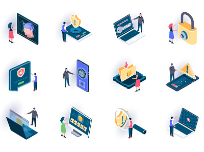 Cyber Security Isometric Icons 3d android app axonometric character cyber security flat icons illustration ios isometric isometric icons isometry mobile people vector web website