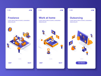 Work at Home Isometric Onboarding Screens app application character flat freelance gui home isometric isometry kit mobile mockup onboard onboarding people screen ui ux vector work