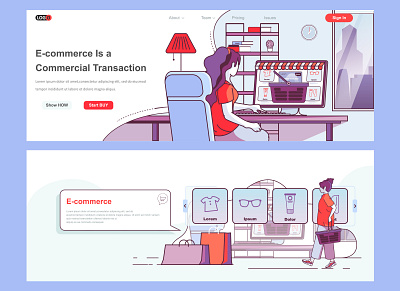 E-commerce Landing Pages Header, Footer or Middle Content banner character concept content e commerce flat footer header homepage illustration landing line middle page people ui ux vector web website