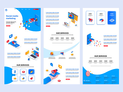 Social Media Marketing Isometric Website Template Landing Page banner concept content flat footer header headline homepage isometric isometry landing layout marketing media middle page social template web website