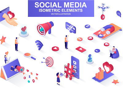 Social Media Isometric Elements 3d app character concept design elements flat icon isolated isometric isometry kit like media mobile network people project social vector