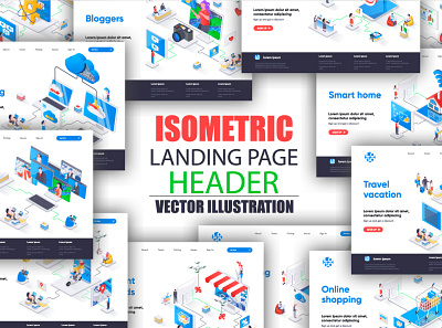 Bundle Isometric Landing Page Template 3d banner bundle collection commerce concept design flat header homepage illustration isometric isometry landing pack page set vector web website