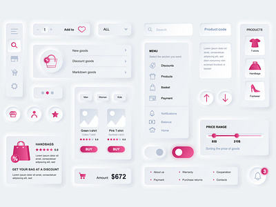 Neumorphic UI, UX, GUI, KIT Shopping Elements app application button commerce dropdown gui kit mobile neumorphic neumorphism shop shopping sidebar skeuomorphic skeuomorphism slider ui ux vector web