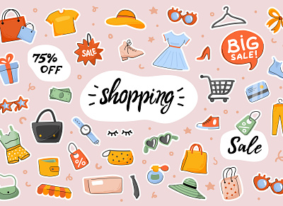 Shopping Cute Stickers Template Set badge banner card cartoon cute doodle drawn elements flat hand illustration isolated paper printable scrapbooking shopping sticker tag template vector