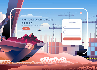 Construction Company Landing Page Template cartoon company construction corporate design flat header homepage illustration landing layout logo page template ui ux vector web website wireframe
