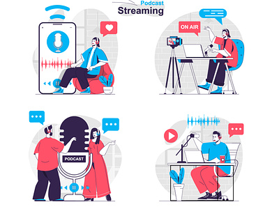 Podcast Streaming Web Scenes broadcast character concept design flat graphic illustration landing line media page people podcast scene set situation streaming vector web website