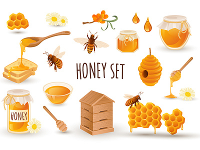Honey Production Icon Realistic 3D Design 3d apiary bee beehive drop elements flower honey honeycomb icon illustration liquid nectar object product realism realistic spoon vector web