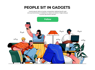 People Sit in Gadgets Web Illustration cartoon character communication concept design flat gadget homepage illustration landing media network page people person scene social vector web website