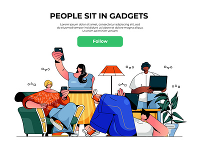 People Sit in Gadgets Web Illustration