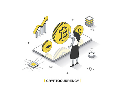 Cryptocurrency Isometric Outline Illustration 3d bitcoin blockchain concept cryptocurrency design flat graphic illustration isometric isometry landing line mining outline page people vector web website