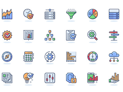 Big Data Analysis Web Flat Line Icons