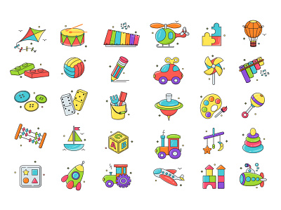 Kids Toys Icons app cartoon children chilhood collection design flat graphic icon icons illustration kid kids mobile play set toys vector web website